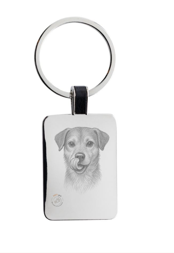 Porte-clés rond gravé portrait grand chien au crayon