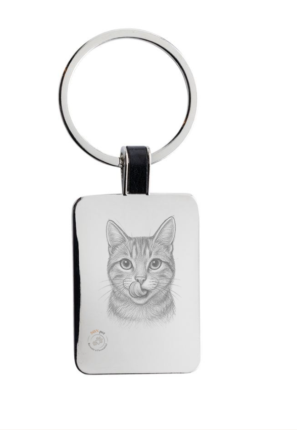 Porte-clés rond gravé portrait chat au crayon