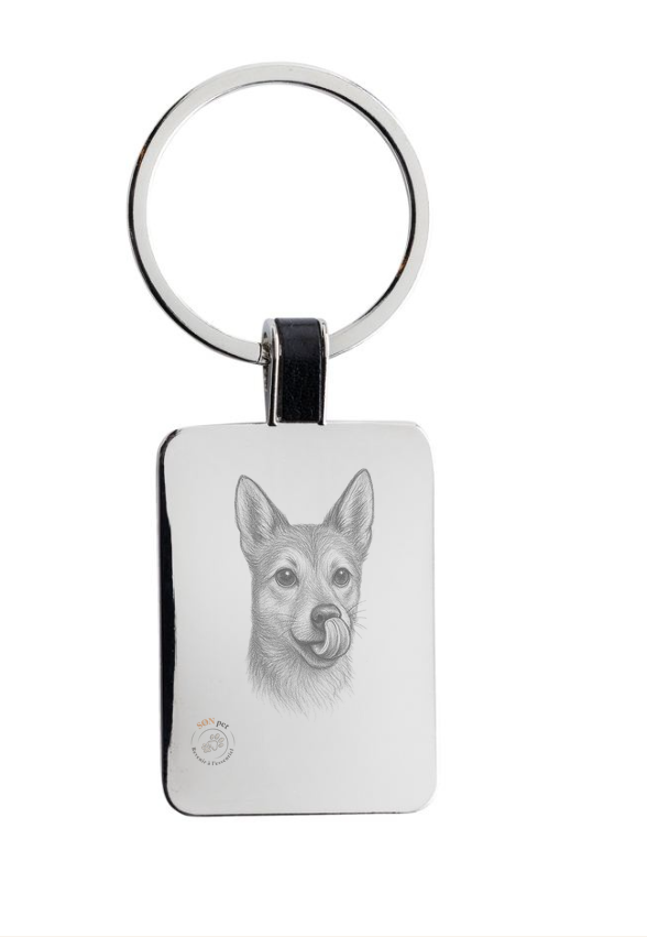 Porte-clés rond gravé portrait petit chien au crayon